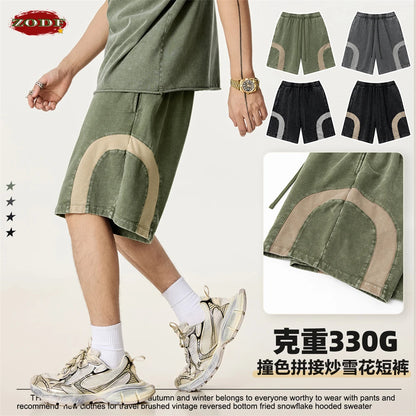 ZODF 2025 Summer Patchwork Washed Cotton Shorts For Men Unisex Retro Y2K High Street Distressed 330gsm Shorts Streetwears HY1057