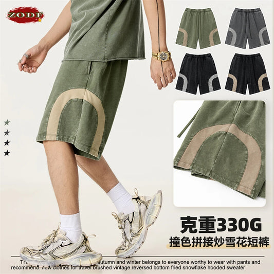 ZODF 2025 Summer Patchwork Washed Cotton Shorts For Men Unisex Retro Y2K High Street Distressed 330gsm Shorts Streetwears HY1057