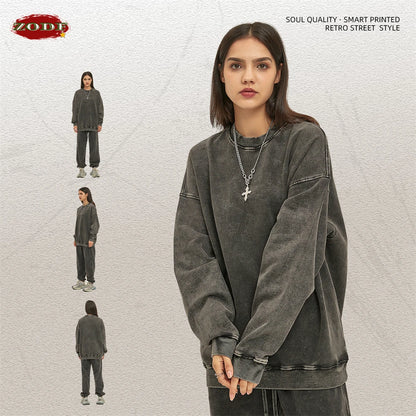 ZODF Retro Autumn Men Batik Washed Cotton Sweatshirts Unisex Loose 420gsm Terry O Neck Pullovers Streetwears HY0665