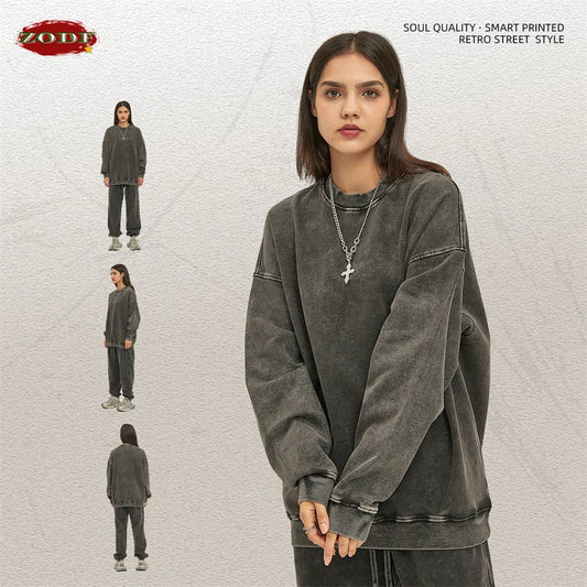 ZODF Retro Autumn Men Batik Washed Cotton Sweatshirts Unisex Loose 420gsm Terry O Neck Pullovers Streetwears HY0665