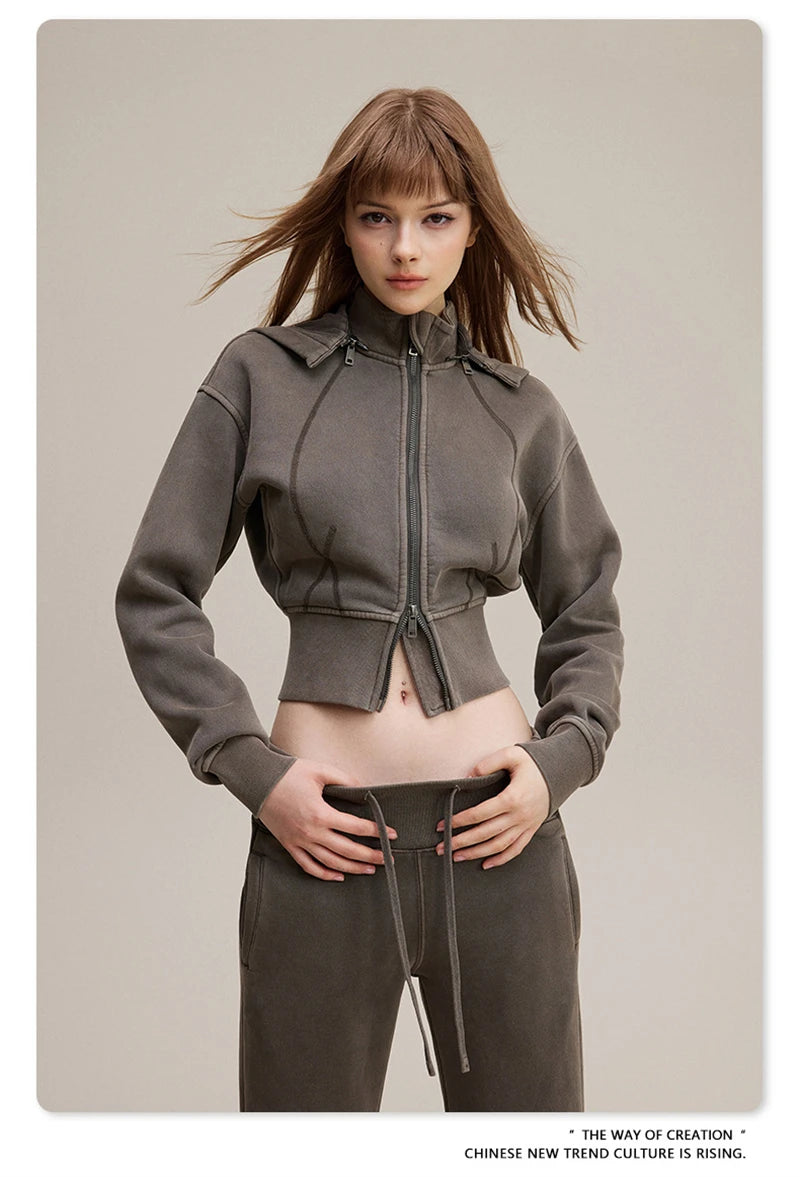 ZODF Vintage 2025 Winter Batik Washed Crop Hoodies Female Girls Remove Hood Heavy Weight Sport 400gsm Hooded Coat HY1085