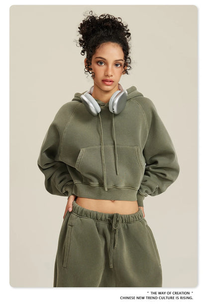 ZODF Women Hotsweet 2025 Winter Washed Fleece Crop Hoodies Girls Oversized Raglan Sleeve 400gsm Hooded Pullovers HY0648