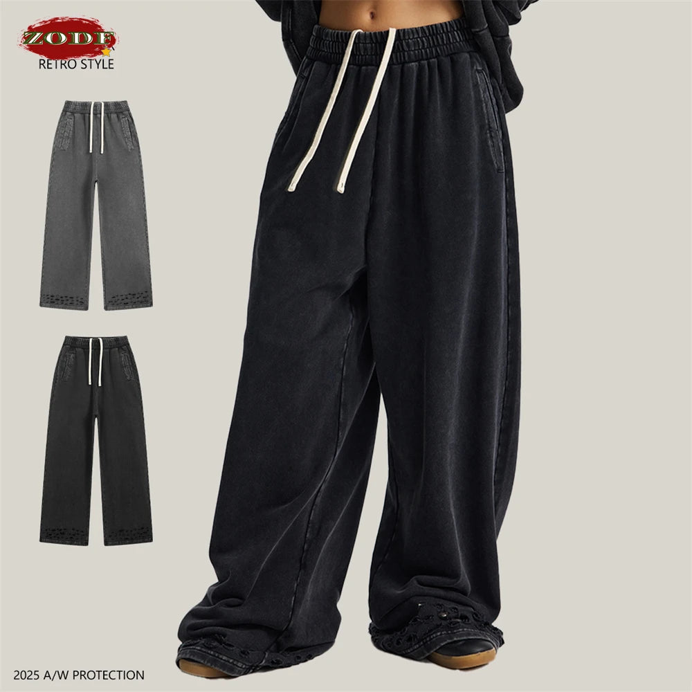 ZODF 2025 Autumn Men Washed Cotton Terry Pants 380gsm Distressed Oversized Straight Sport Trousers Streetwear HY1075
