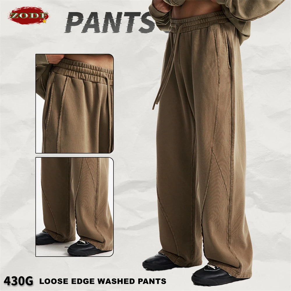 ZODF Retro Autumn Washed Loose Edge 430gsm Cotton Pants For Man Unisex Distressed Old Money Straight Patchwork Trousers HY1105