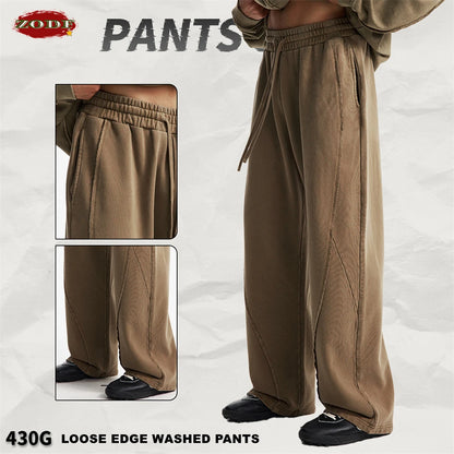 ZODF Retro Autumn Washed Loose Edge 430gsm Cotton Pants For Man Unisex Distressed Old Money Straight Patchwork Trousers HY1105