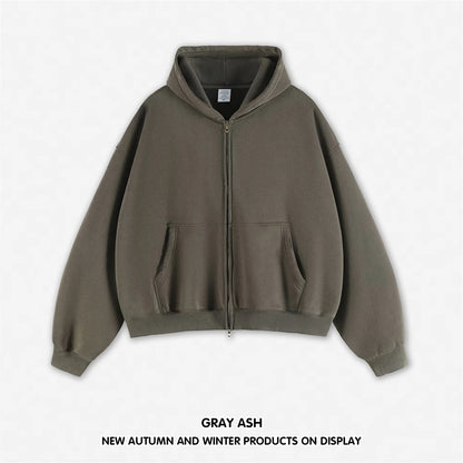 ZODF Retro Winter 350gsm Washed Zipper Fleece Hoodies For Men Unisex Loose Fit Boxy Style Thick Warm Hooded Coat Outfits HY0042