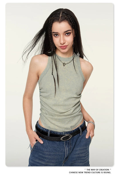 ZODF Women 2024 Summer Washed Tank Tops Female Hotsweet Girls 235gsm Slim Pleated Arc Hem Camisole TEE Streetwears HY0795