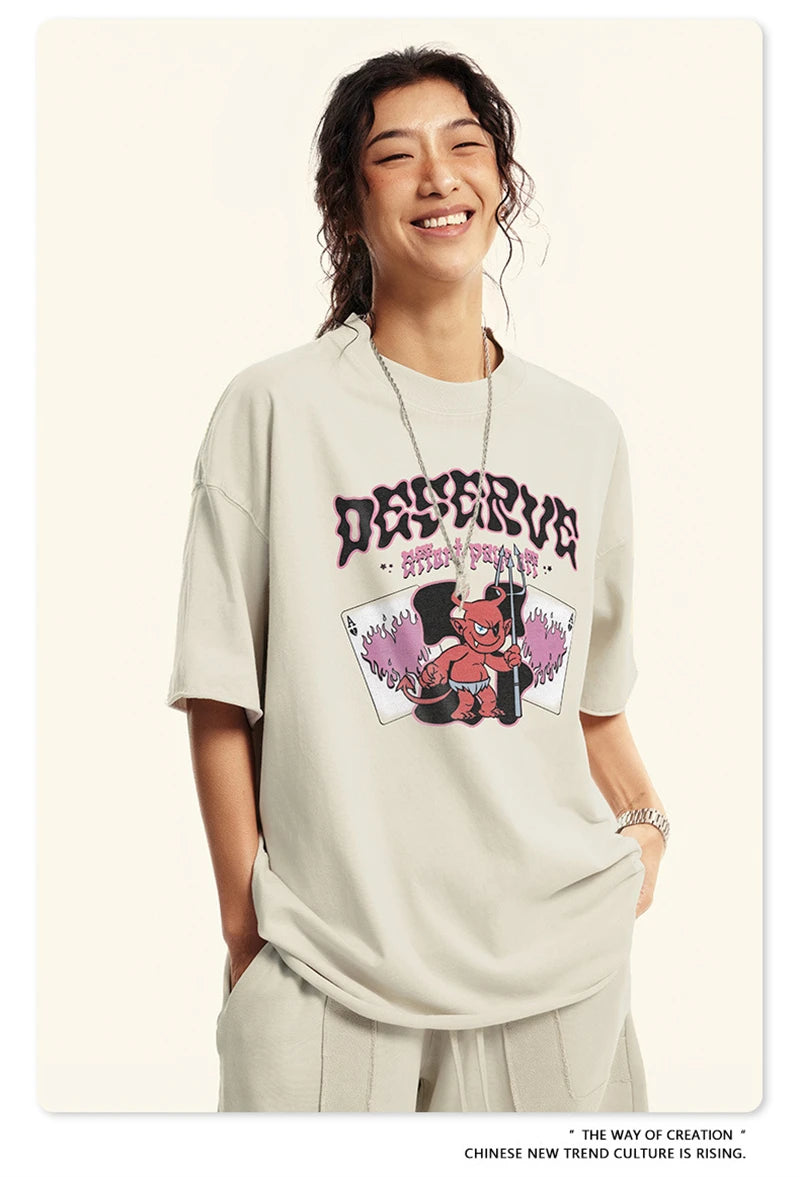 ZODF America Retro Summer 100% Cotton T-Shirts For Men Unisex Washed 310gsm Comfortable High Street Printing T Shirt Tops HY0862