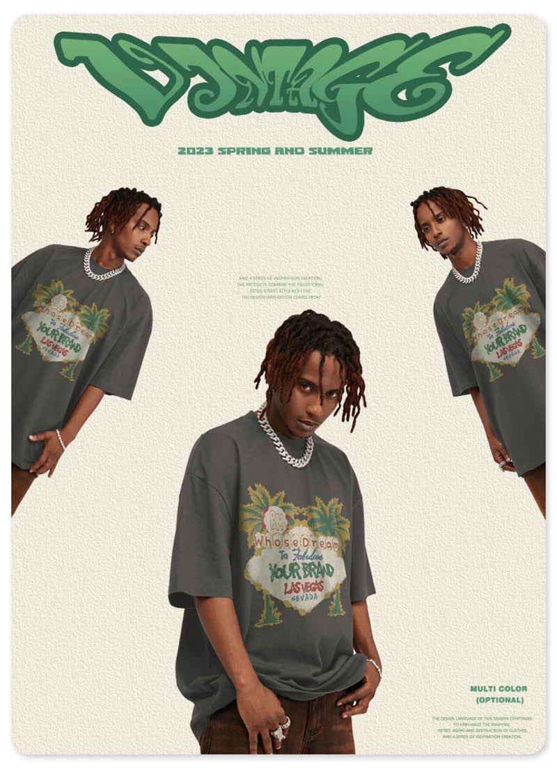 ZODF New Men High Street Washed T-Shirts Unisex Loose Tree Printing 285gsm Cotton O Neck T Shirt For Summer HY0512