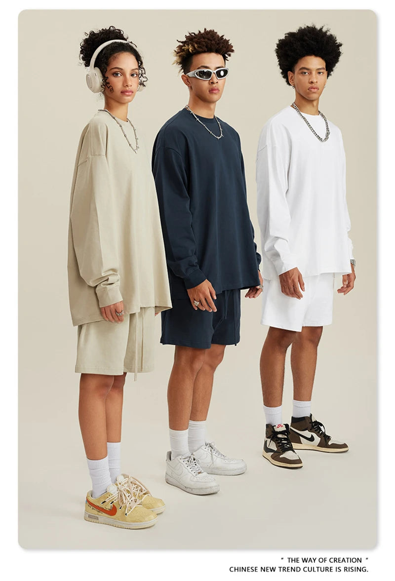 ZODF NEW Autumn Men's Solid Full Sleeve T Shirts Unisex Loose Oversized Casual 305GSM Cotton Basic T-Shirt Brand TEE HY0209