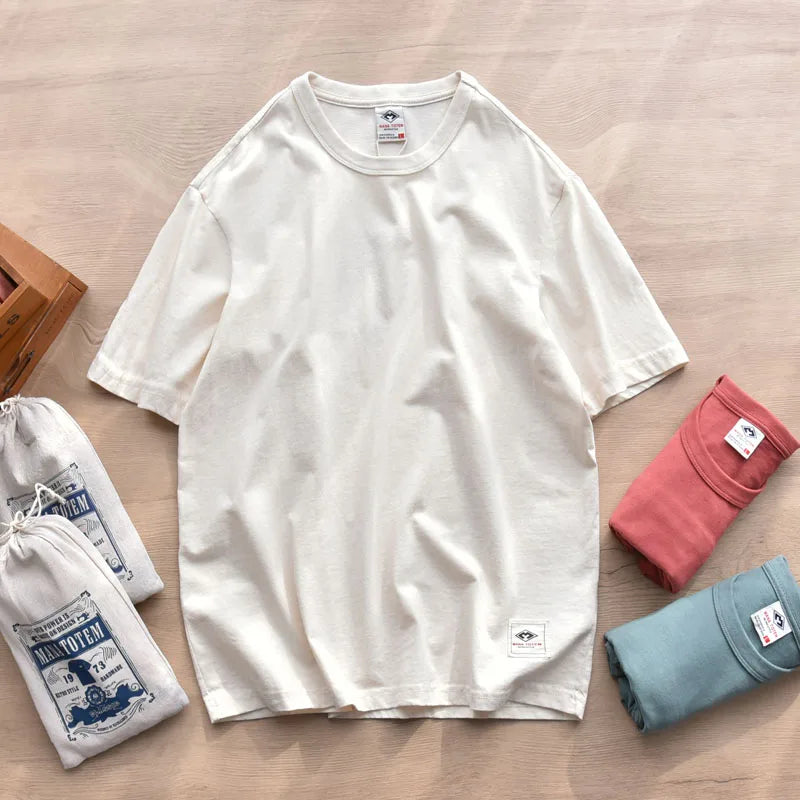 Summer New American Retro Short-sleeved O-neck Soild Color T-shirt Men's Fashion Simple 100% Cotton Washed Casual Sport Tops