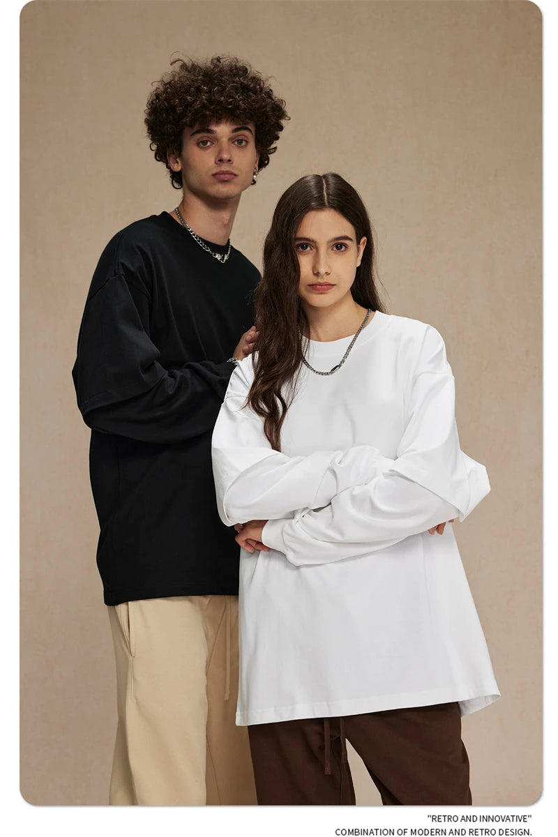 ZODF Fashion Spring Autumn Men 100% Cotton T-Shirt Unisex Fake 2-Piece 305gsm Solid Full Sleeve O Neck T Shirt Brand Tees HY0925