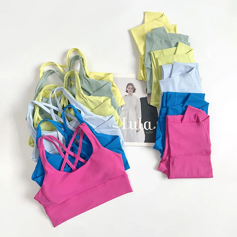 2 Pieces Yoga Set Women Gym Set Workout Clothes Sports Suits High Waist Leggings Cross Straps Fitness Bra Top Running Tracksuit