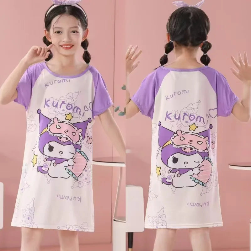 MINISO Children Home Clothing Girls Night Dress Summer Short Sleeve Disney Hello Kitty Cat Toddler Girl Pjs Nightgown Sleepwear