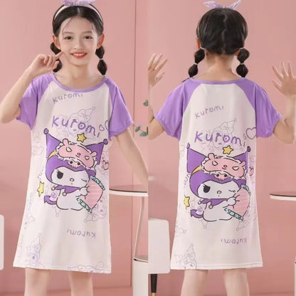 MINISO Children Home Clothing Girls Night Dress Summer Short Sleeve Disney Hello Kitty Cat Toddler Girl Pjs Nightgown Sleepwear