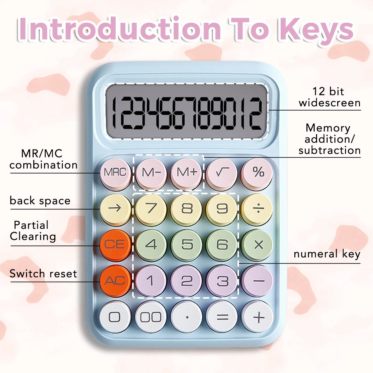 Keyboard Calculator Office 12-digit Mechanical Buttons Calculator Cute Candy Color School Supplies Students/Finance Stationery