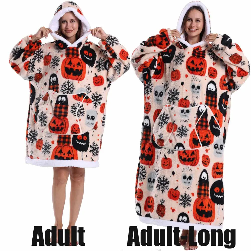 Short/Long Hoodie Blanket for Adults Winter Soft Thicken Warm Wearable Blanket Hoodie with Sleeves Halloween Pajamas for Couples
