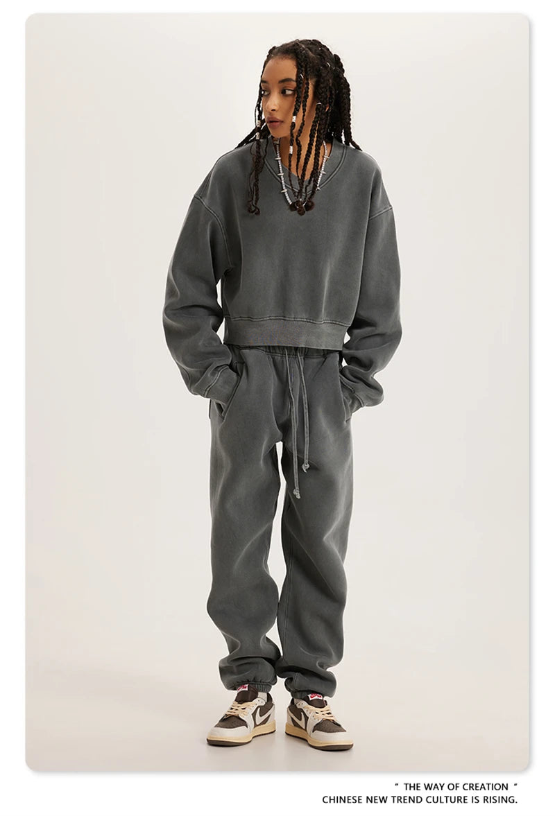 ZODF Winter Women Short Fleece Cropped Sweatshirts Girls Female Hip Hop Loose 400gsm V-Neck Pullovers Brand Tops HY0437