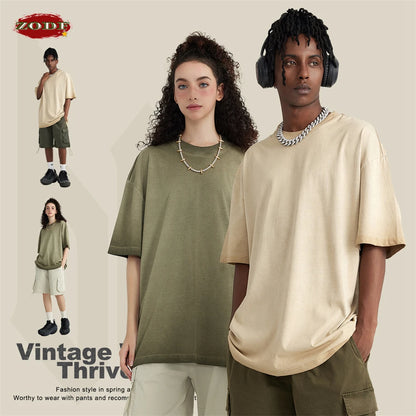 ZODF 2023 Men's Summer 255G Wash Gradient Fried Cotton T Shirt Round Neck Short Sleeve American Retro Loose T-Shirt HY0547