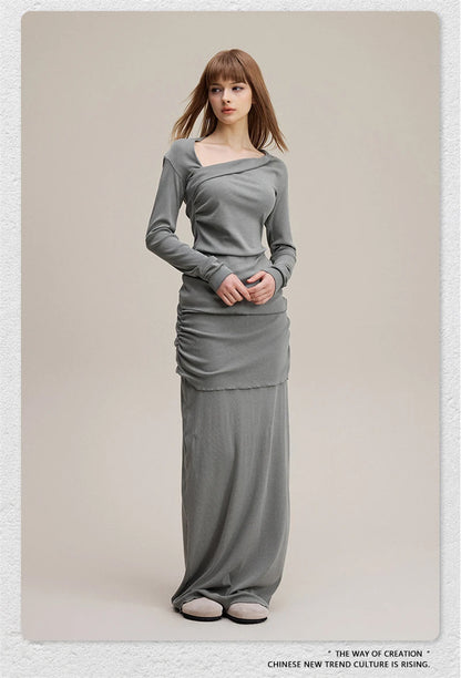 ZODF Retro Sexy Women Autumn Washed 275gsm T Shirt Ladies Girls Distressed Side Pleated Full Sleeve T-Shirts Tees HY1107