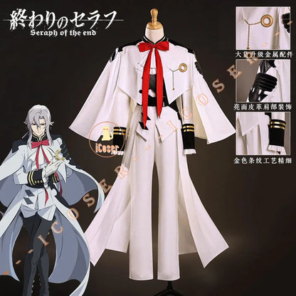 Anime Seraph of The End Ferid Bathory Cosplay Costume Wig White Uniform Cloak Metal Props Halloween Party for Women Men Carnival