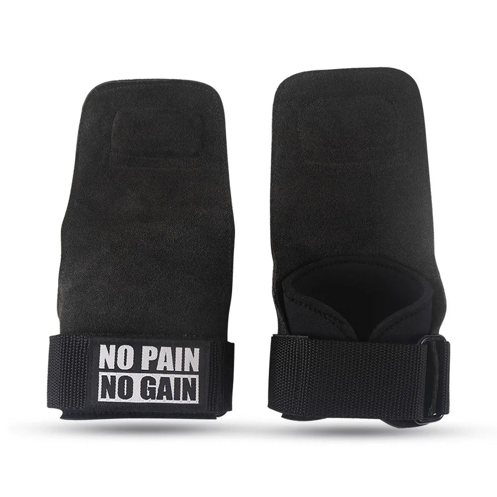 Cowhide Gym Grips Gloves Weightlifting Fitness Pull Up Crossfit Workout Anti-Slip Wear-Resistant Palm Protection - Black