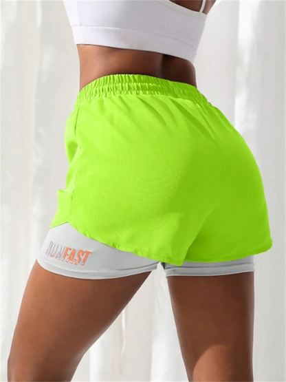Women’s High Rise Elastic Waist Yoga and Running Shorts Fake Two-Piece Design - Lemon Yellow / L