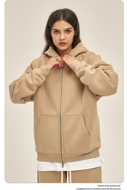 ZODF New Men Double Headed Zipper Fleece Hoodies Unisex Loose Basic Solid Warm Hooded Sweatshirts Coats For Winter HY0633