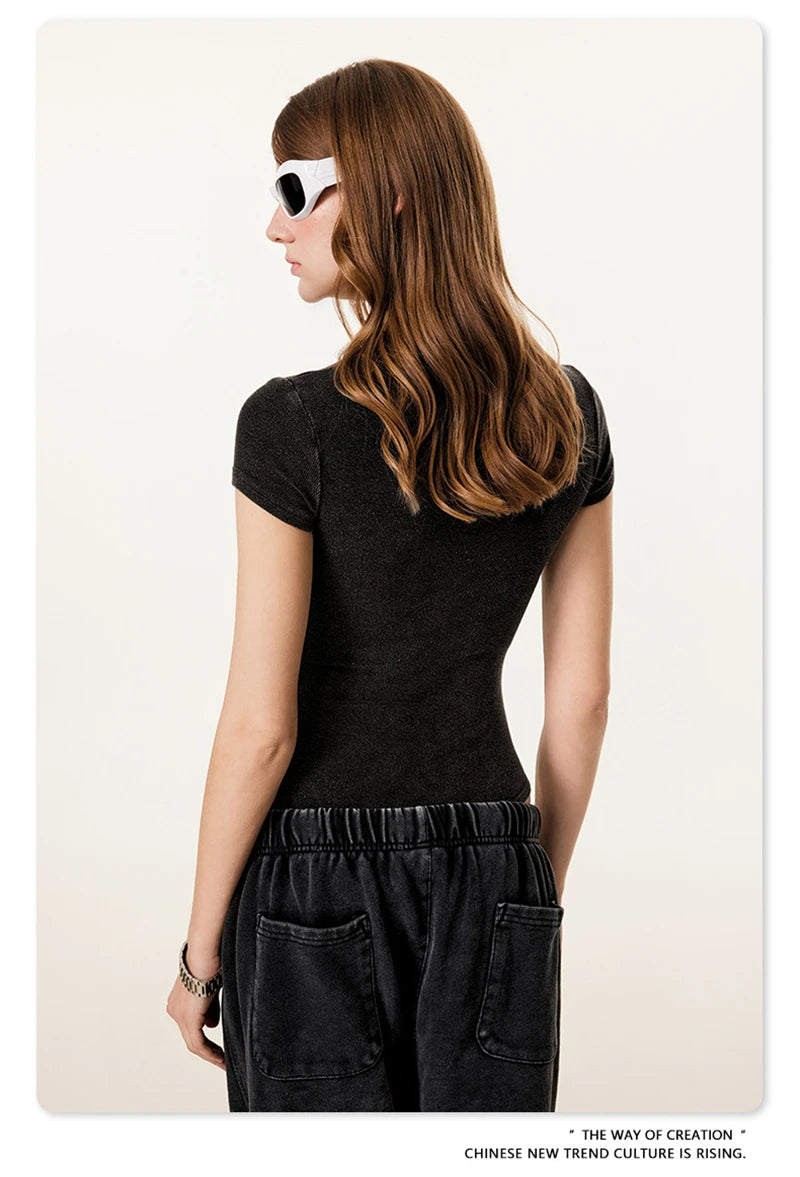 ZODF Hotsweet 2025 Women Washed Short Sleeve Bodysuits Sexy Girls Female 275gsm Slim Fit Distressed TEE Brand Tops HY1058