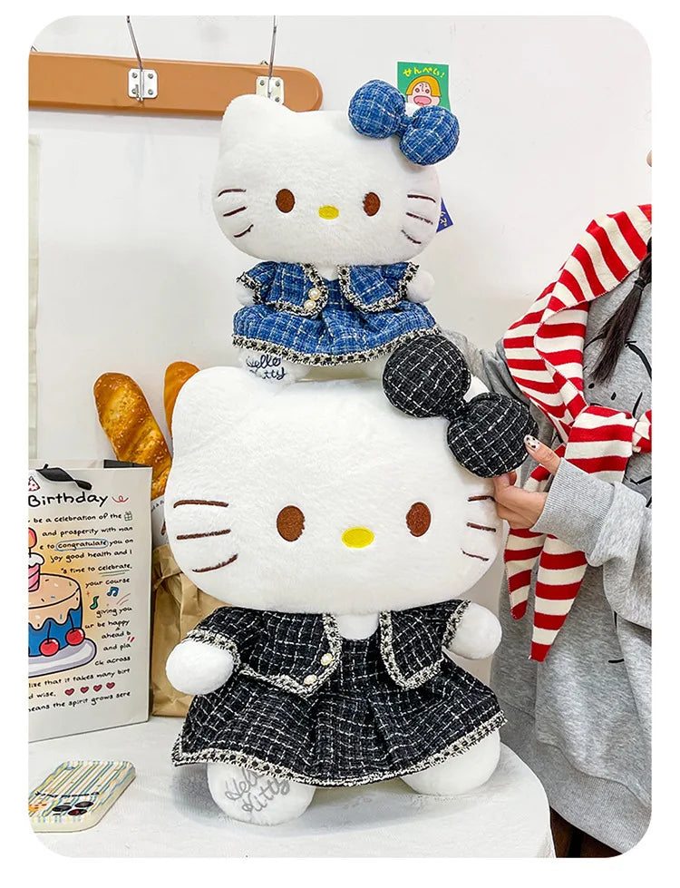 Sanrio Plush Cat Stuffed Animal Doll Large Checkered Skirt Kawaii Pillow Toy for Kids Birthday Christmas Gift for Girls Bedtime