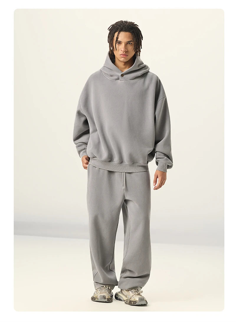 ZODF Vintage 350gsm Man Washed Boxy Fleece Hoodie Unisex Loose Ripped Warm Button Winter Hooded Pullovers Brand Clothing HY0053