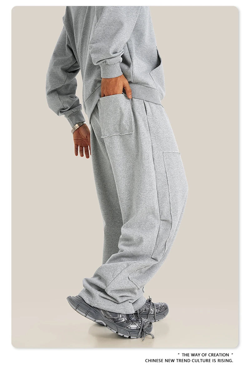 ZODF Fashion 2024 Winter Patches Fleece Straight Pants Retro Unisex Loose Washed 305gsm Warm Soft Trousers Brand Bottoms HY0872