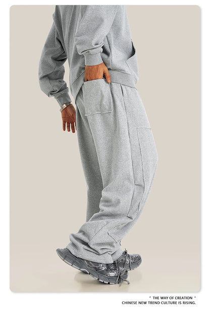 ZODF Fashion 2024 Winter Patches Fleece Straight Pants Retro Unisex Loose Washed 305gsm Warm Soft Trousers Brand Bottoms HY0872