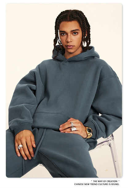 ZODF New 2024 Autumn Winter Men 345gsm Fleece Hoodies Unisex Women Relax Fit Warm Solid Hooded Pullovers Sweatshirts HY0863