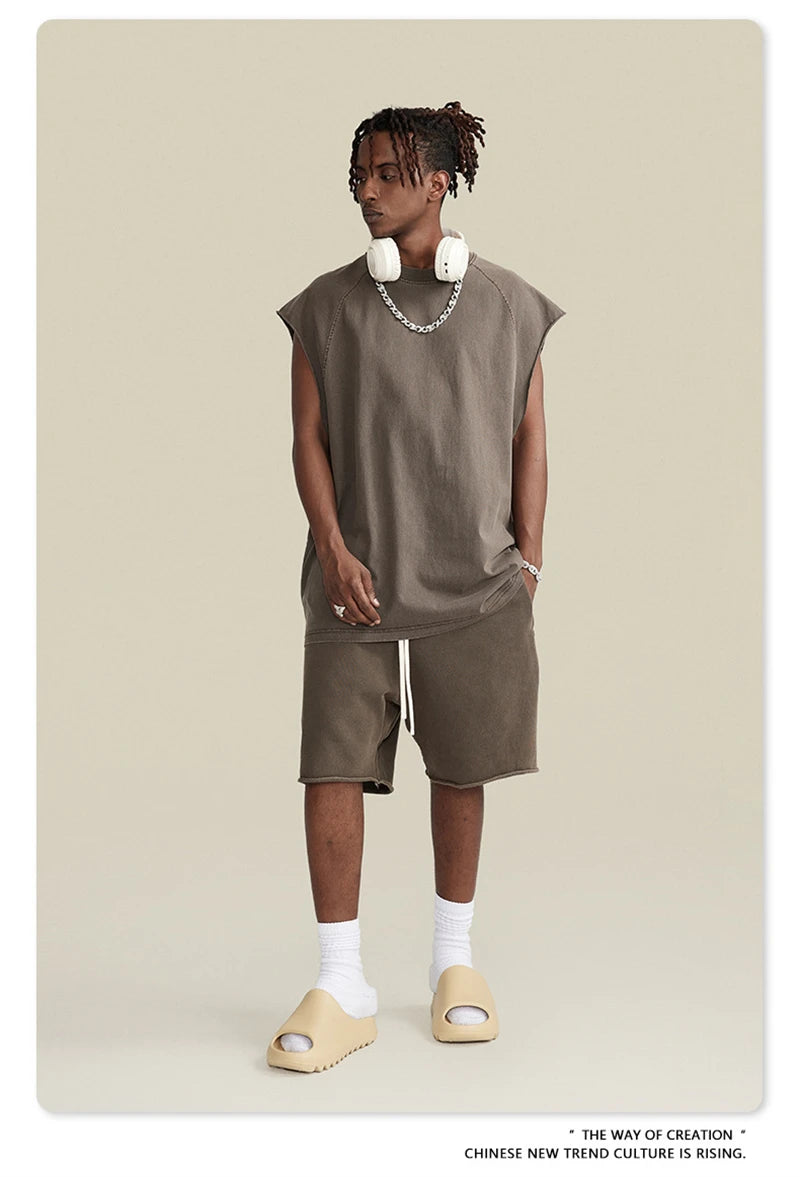 ZODF American Retro Men Washed Solid Tank Tops Women Unisex Loose Edge 275gsm Cotton Sleeveless Tees Brand Streetwears HY0503