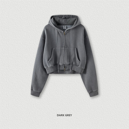 ZODF Retro 2025 Winter Women Short Zipper Hoodies Female Girls Loose 355gsm Thick Fleece Hooded Zip-up Coat Streetwears HY0448