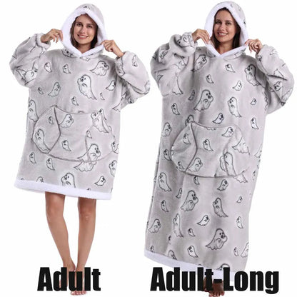 Short/Long Hoodie Blanket for Adults Winter Soft Thicken Warm Wearable Blanket Hoodie with Sleeves Halloween Pajamas for Couples