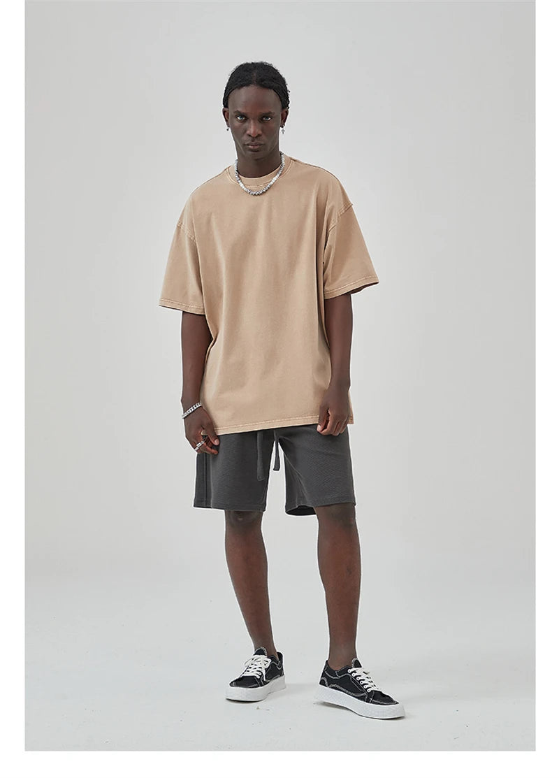 ZODF New Spring Summer Washed Cotton Solid T Shirts For Men Unisex High Street Loose Edge Oversized Noshrink T-Shirt Tee HY0465