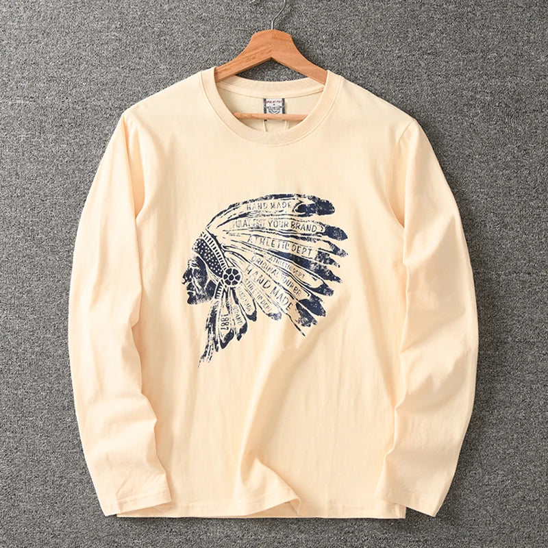Autumn New American Retro Long Sleeve O-neck Indian Printed T-shirt Men's Fashion 100% Cotton Washed Casual Bottoming Tops