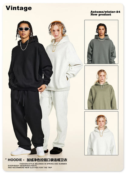 ZODF New Winter Men Solid Fleece Hoodies Unisex Women 345gsm Loose Warm Side Zipper Pocket Hooded Pullovers Brand Clothes HY0867