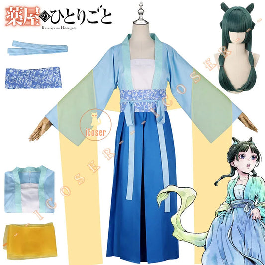 Anime The Apothecary Diaries Maomao Cosplay Costume Wig Blue Dress Hanfu Hunting Outfit Halloween Party for Women Girls iCoser