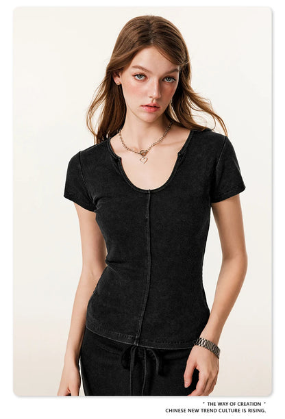 ZODF Women Retro 2025 Summer 275gsm U Collar Washed T-Shirts Hotsweet Girls Sexy Slim Fit T Shirt Brand Tees HY0992