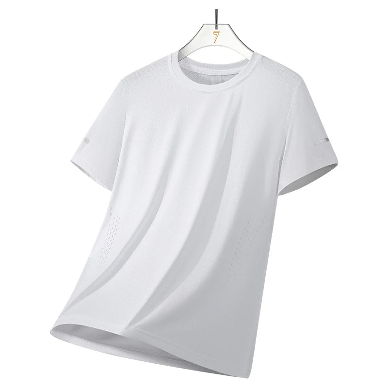 Chrlck Men’s Quick Drying Breathable Running T-Shirt Soft Elastic Outdoor Sports Shirt Summer - White1 / XXXL(70-80kg)
