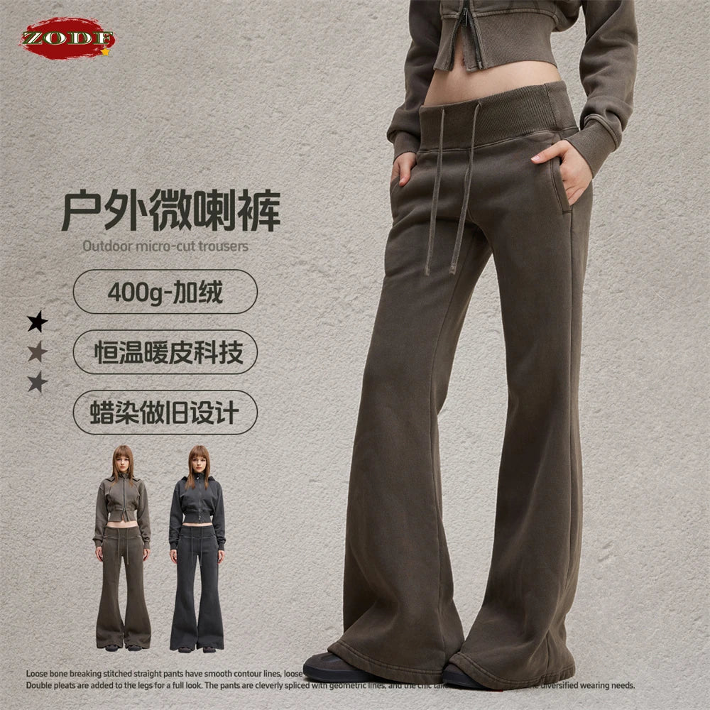 ZODF Retro Winter Women 400gsm Fleece Flared Pants Casual Girls Female Slim Fit Warm Washed Distressed Trousers HY1142