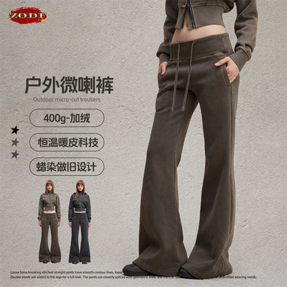 ZODF Retro Winter Women 400gsm Fleece Flared Pants Casual Girls Female Slim Fit Warm Washed Distressed Trousers HY1142