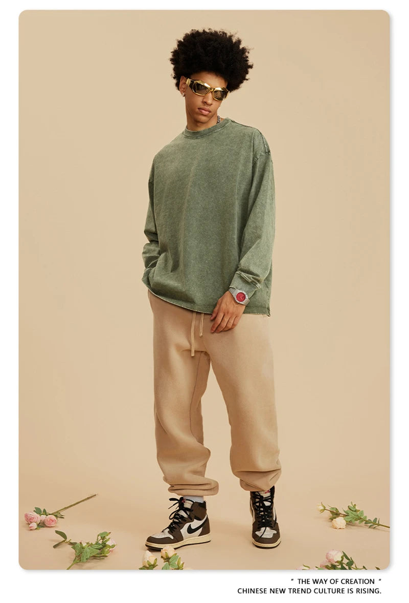 ZODF Retro 2025 Men Autumn Batik Washed T Shirt Unisex Oversized Basic Long Sleeve Solid 270gsm Cotton T-Shirts Tees HY0641