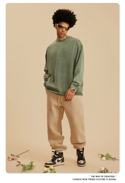 ZODF Retro 2025 Men Autumn Batik Washed T Shirt Unisex Oversized Basic Long Sleeve Solid 270gsm Cotton T-Shirts Tees HY0641