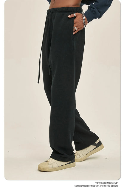 ZODF Fashion 2024 Men Loose Straight Pants Unisex 365gsm Retro Comfortable Sport Solid Drawstring Trousers HY0588