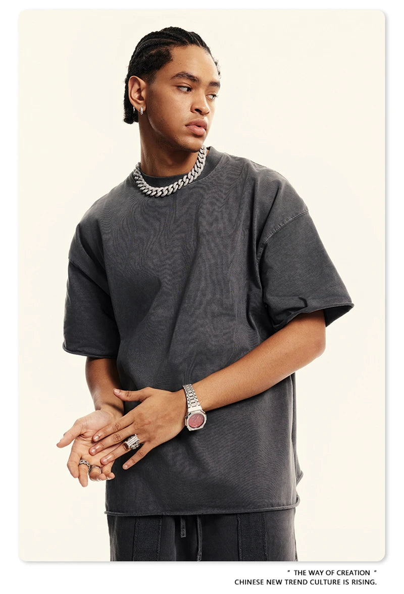 ZODF Retro 2024 Summer Men Washed Cotton T-Shirts  Unisex Women 310gsm Distressed Hem Loose Edge T Shirt Brand Tees HY0808