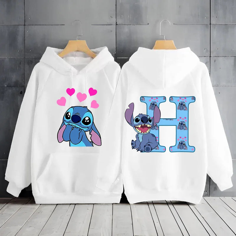 2025 Women's Winter Jacket Cute Kawaii Disney Lilo & Stitch Lucky Letter Print White Hoodie Fashion Couple Streetwear Sportswear